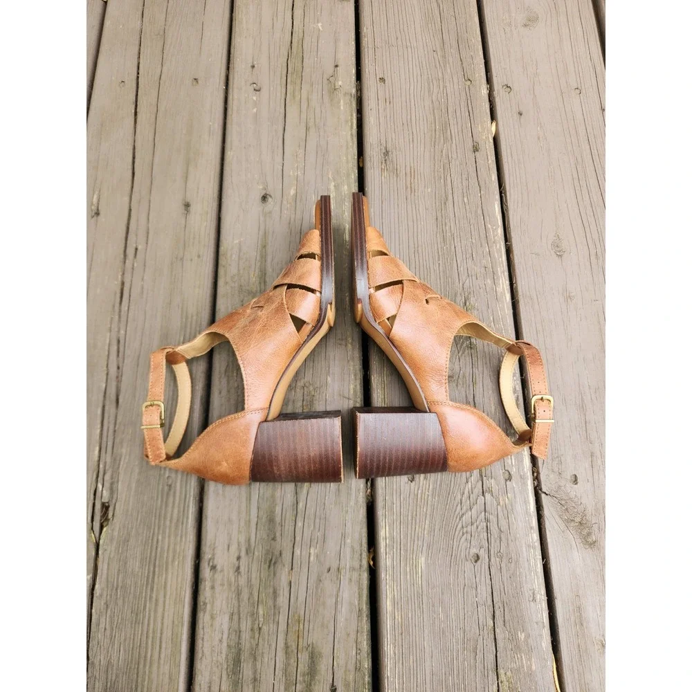 Crown Vintage Binita Caged Block Heel Sandals Tan Leather Square Toe 8.5M